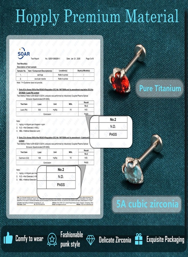 Hopply G23 Titanium 16G Flat Back Earrings Threaded Lip Studs for Women Men CZ CartilageTragus/Labret/Helix/Conch/Nose Medusa Conch Body Piercing Piercing Jewelry 8mm (Red, 16g, 8mm bar, 5mm gem) - Image 3