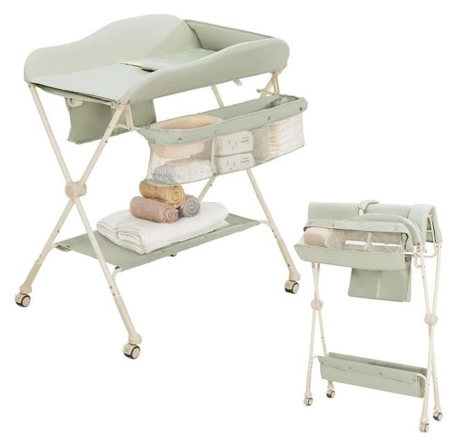 DMG TECH Folding Baby Diaper Changing Tables With Water Basin, Storage Shelf, 4 Wheels, Diaper Organizer - Green - Image 1