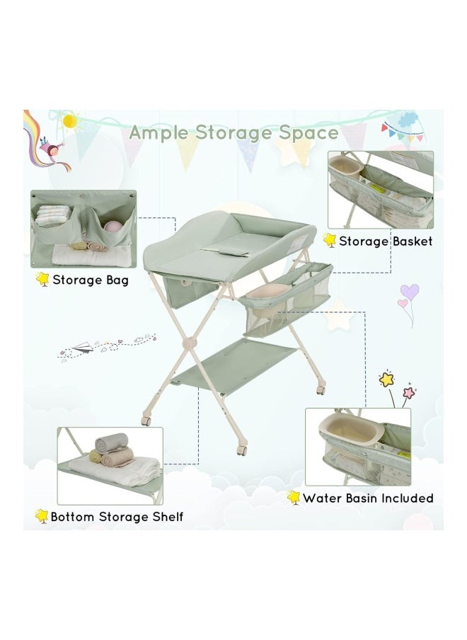 DMG TECH Folding Baby Diaper Changing Tables With Water Basin, Storage Shelf, 4 Wheels, Diaper Organizer - Green  - Image 3