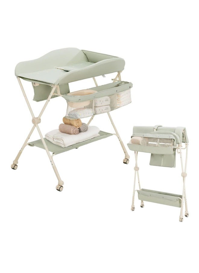 DMG TECH Folding Baby Diaper Changing Tables With Water Basin, Storage Shelf, 4 Wheels, Diaper Organizer - Green  - Image 1
