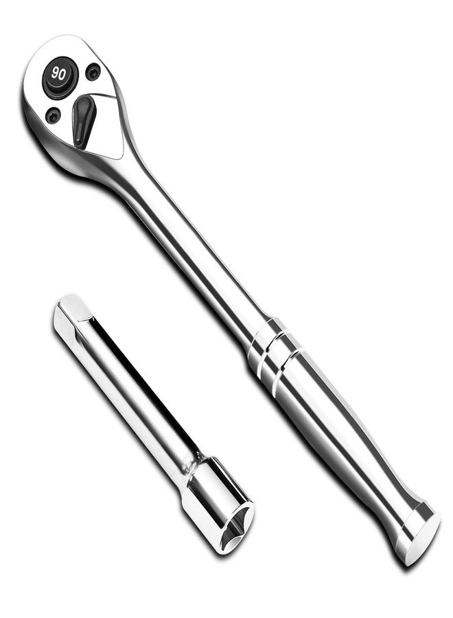 pgroup 1/2-Inch Drive Ratchet Wrench, 90-Tooth Quick-release Reversible Ratchet Wrench with an Extension Bar(3 inch), 10" Long Socket wrench, 4-Degree Swing, Full Polished, Cr-Mo Head For Gifting, Repairing - Image 1