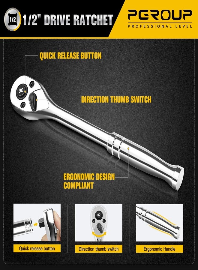 pgroup 1/2-Inch Drive Ratchet Wrench, 90-Tooth Quick-release Reversible Ratchet Wrench with an Extension Bar(3 inch), 10" Long Socket wrench, 4-Degree Swing, Full Polished, Cr-Mo Head For Gifting, Repairing - Image 5