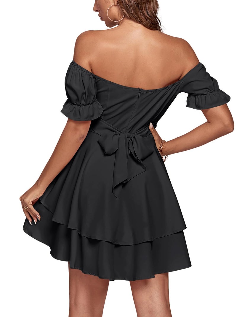 LYANER Women's Off Shoulder Tie Back Wrap Layer Ruffle Short Sleeve Mini Dress Solid Black Small - Image 2