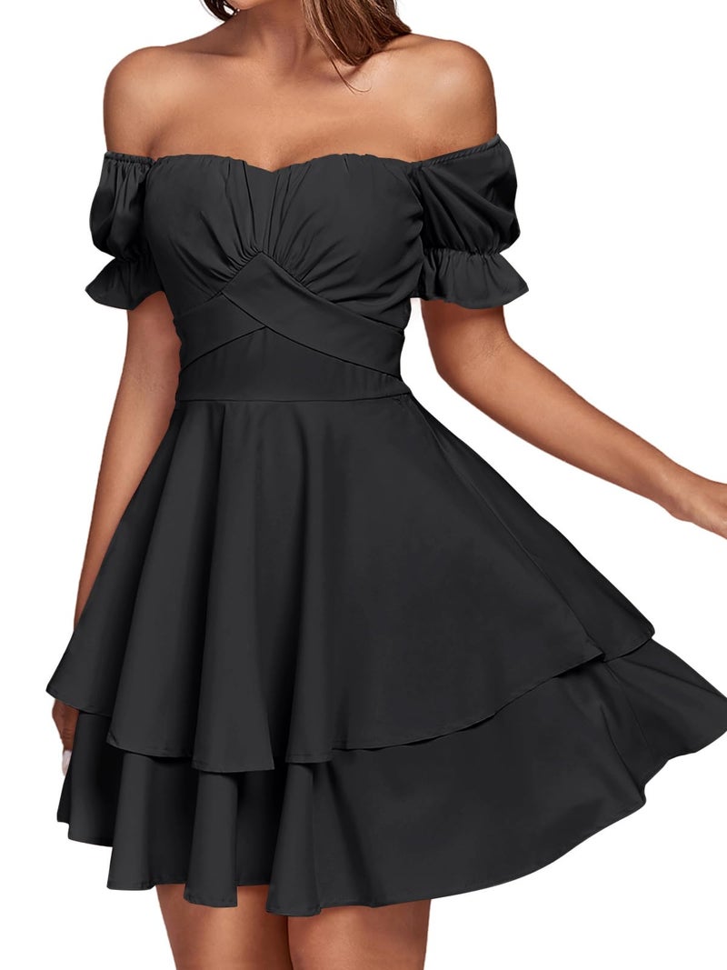 LYANER Women's Off Shoulder Tie Back Wrap Layer Ruffle Short Sleeve Mini Dress Solid Black Small - Image 3