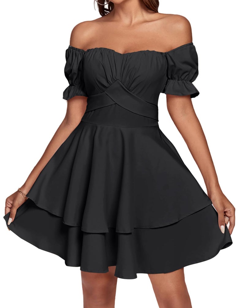 LYANER Women's Off Shoulder Tie Back Wrap Layer Ruffle Short Sleeve Mini Dress Solid Black Small - Image 5