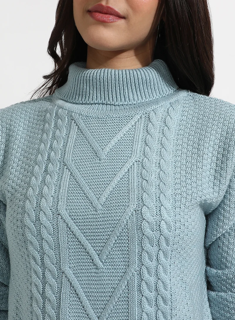 Campus Sutra Women's Icy Blue Cable Knit Sweater