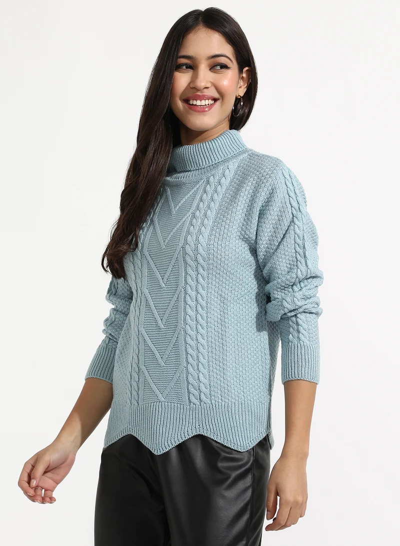 Campus Sutra Women's Icy Blue Cable Knit Sweater