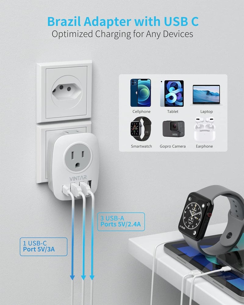VINTAR 2 Pack Brazil Adapter Plug, Type N Plug Adapter with 1 USB C,3 USB Ports and 2 American Outlets,6 in 1 Brazil Power Adapter for US to Brazil - Image 4