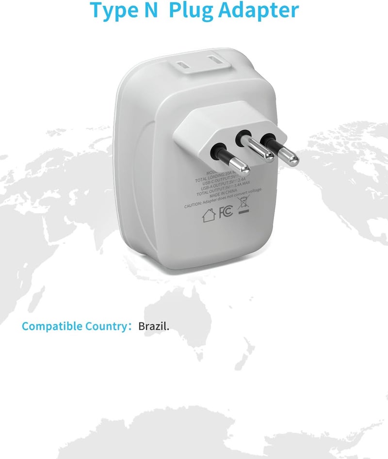 VINTAR 2 Pack Brazil Adapter Plug, Type N Plug Adapter with 1 USB C,3 USB Ports and 2 American Outlets,6 in 1 Brazil Power Adapter for US to Brazil - Image 2