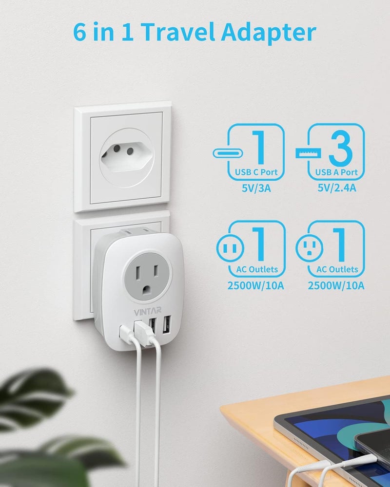 VINTAR 2 Pack Brazil Adapter Plug, Type N Plug Adapter with 1 USB C,3 USB Ports and 2 American Outlets,6 in 1 Brazil Power Adapter for US to Brazil - Image 3