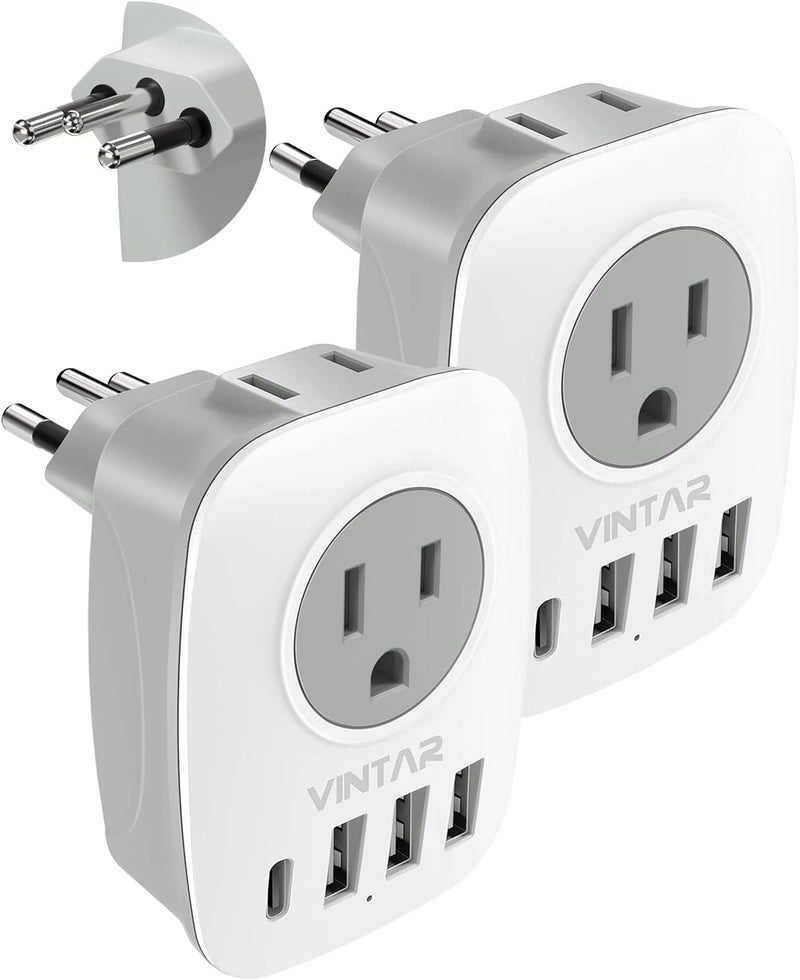 VINTAR 2 Pack Brazil Adapter Plug, Type N Plug Adapter with 1 USB C,3 USB Ports and 2 American Outlets,6 in 1 Brazil Power Adapter for US to Brazil - Image 1