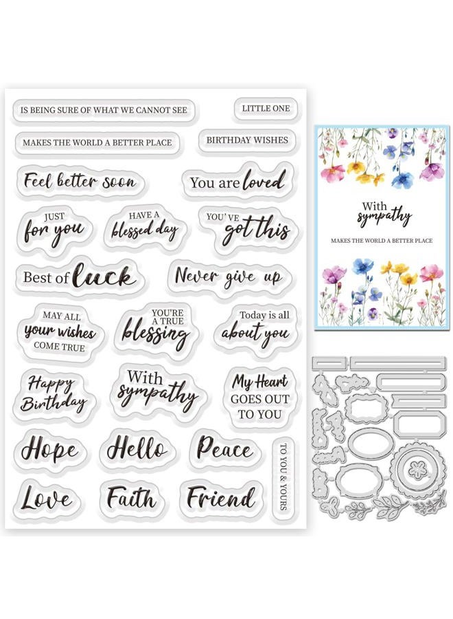 ACRNIGHEET Sentiments Clear Stamps and Metal Cutting Dies for Card Making Greeting Words Silicone Stamp and Die Cuts Set Blessing Words Transparent Stamps for DIY Scrapbooking Paper Craft Supplies - Image 1