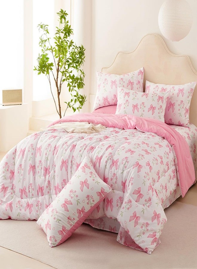 CCoutueChen Pink Bow Comforter Set Queen 3Pcs Pink Floral Bedding Set for Girls Kids Romantic Princess Style Bowknot Bedding Ultra Soft Reversible Garden Flower Comforter Sets with 2 Pillowcases - Image 2