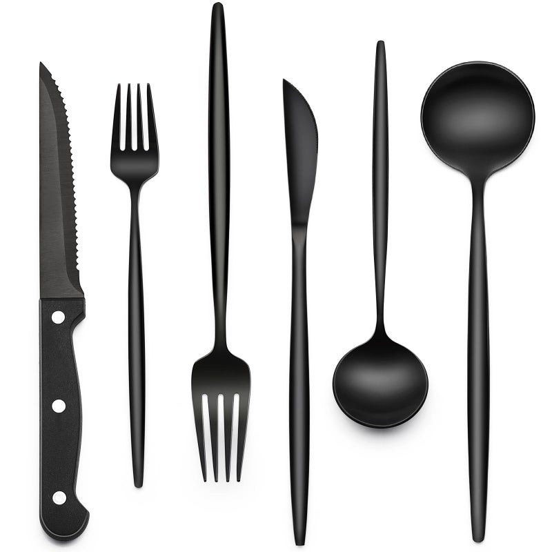 Black Silverware Set with Steak Knives 24Piece Stainless Steel Black Flatware Set for 4 FoodGrade Tableware Cutlery Set Utensil Sets for Home Restaurant Mirror Finish Dishwasher Safe