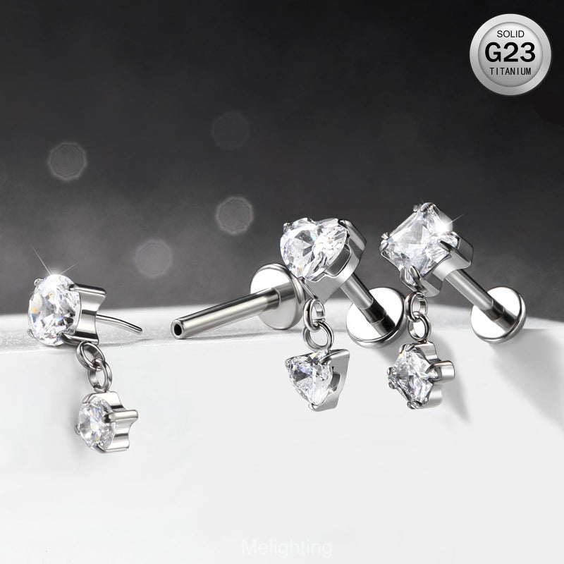 Melighting 16G Threaded Earring Titanium G23 Dangle Cartilage Earring Heart Threadless Push in Flat Back Earring Clear CZ Helix Earring Labret Tragus Stud for Women 6 mm - Image 5