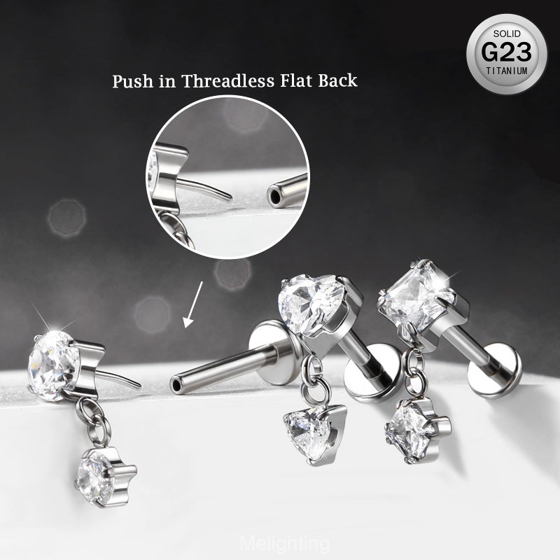 Melighting 16G Threaded Earring Titanium G23 Dangle Cartilage Earring Heart Threadless Push in Flat Back Earring Clear CZ Helix Earring Labret Tragus Stud for Women 6 mm - Image 2