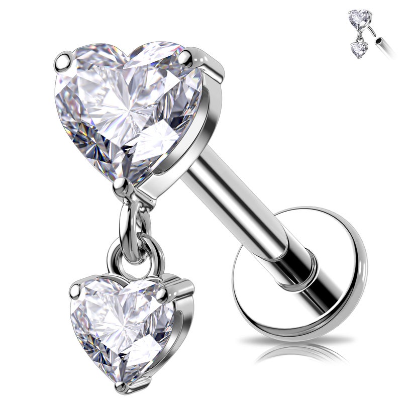 Melighting 16G Threaded Earring Titanium G23 Dangle Cartilage Earring Heart Threadless Push in Flat Back Earring Clear CZ Helix Earring Labret Tragus Stud for Women 6 mm - Image 1