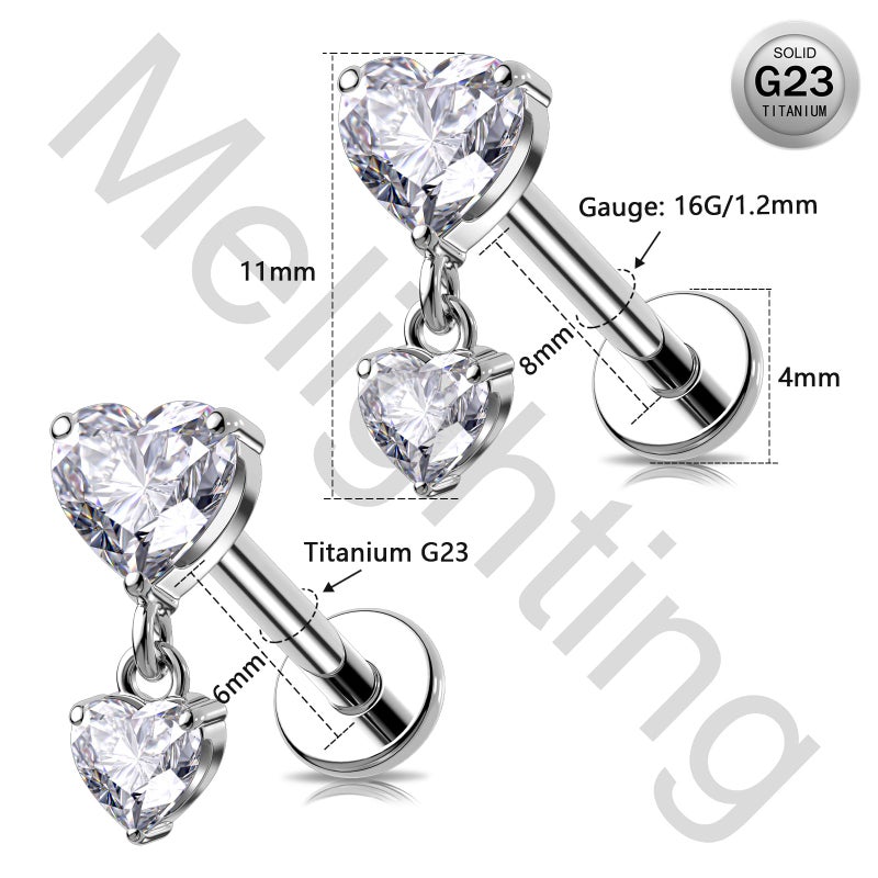 Melighting 16G Threaded Earring Titanium G23 Dangle Cartilage Earring Heart Threadless Push in Flat Back Earring Clear CZ Helix Earring Labret Tragus Stud for Women 6 mm - Image 4