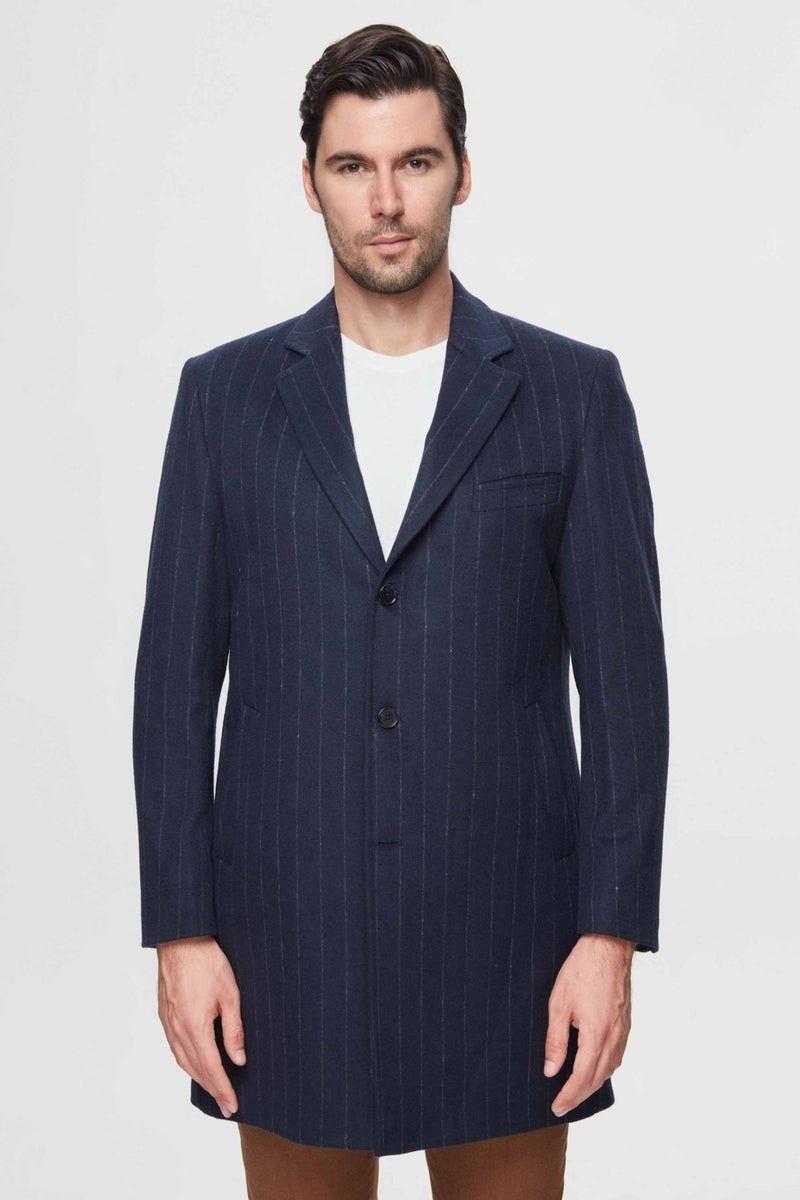D'S DAMAT Regular Fit Navy Blue Striped Wool Coat  - Image 1
