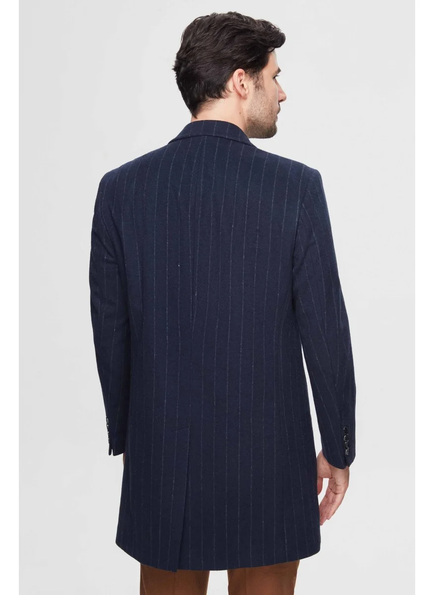 دي أس دامات Regular Fit Navy Blue Striped Wool Coat