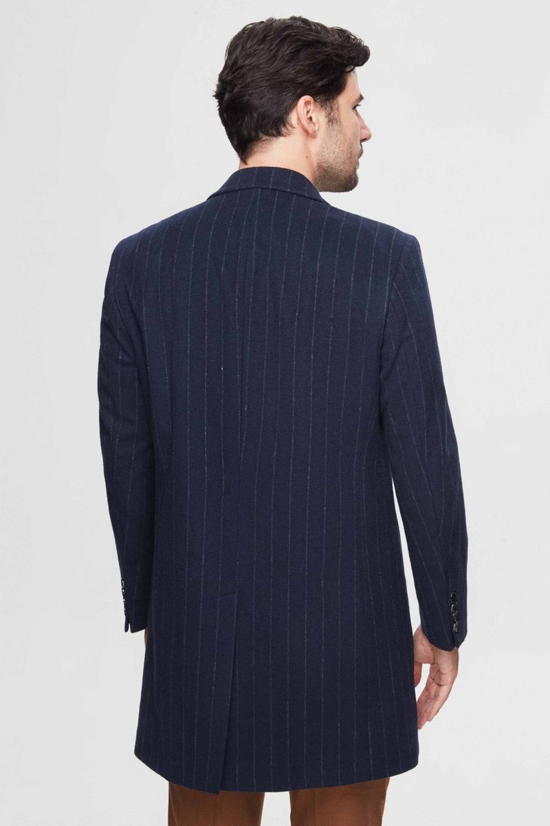 D'S DAMAT Regular Fit Navy Blue Striped Wool Coat  - Image 3