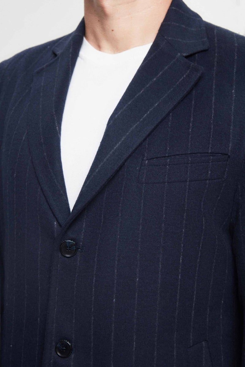 D'S DAMAT Regular Fit Navy Blue Striped Wool Coat  - Image 2