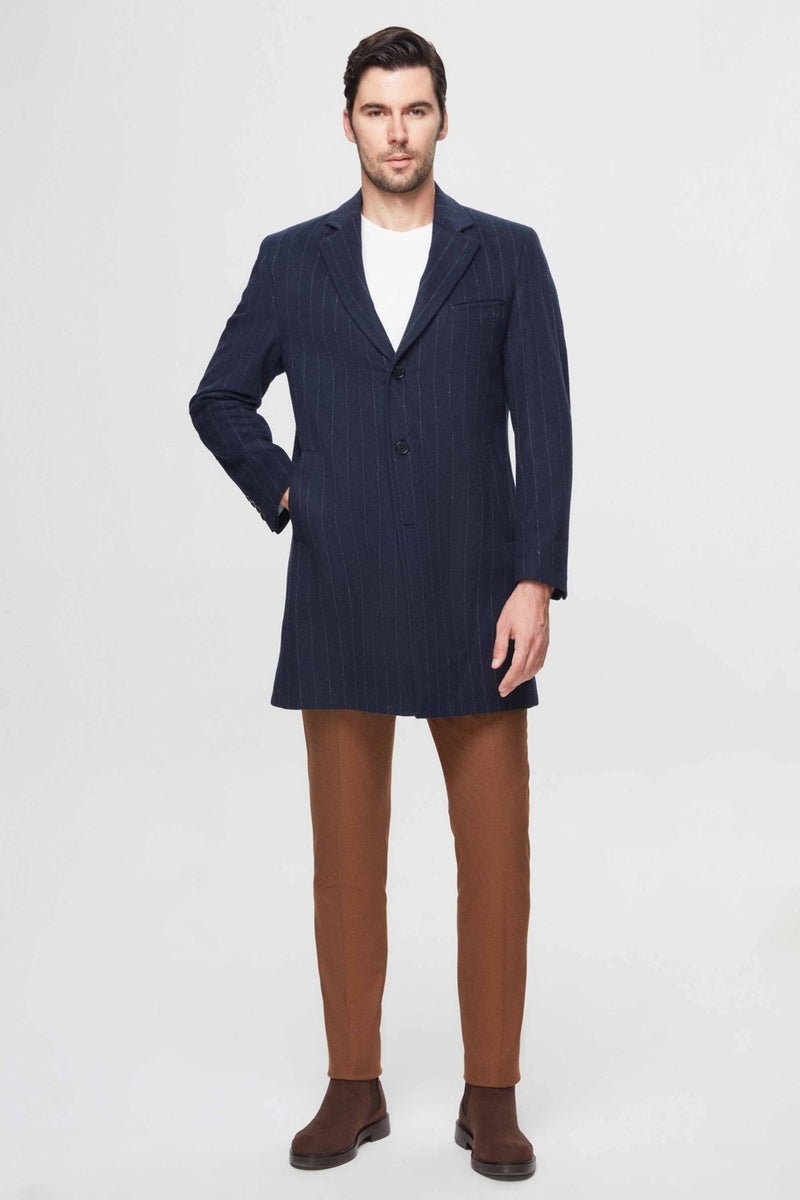 D'S DAMAT Regular Fit Navy Blue Striped Wool Coat  - Image 4