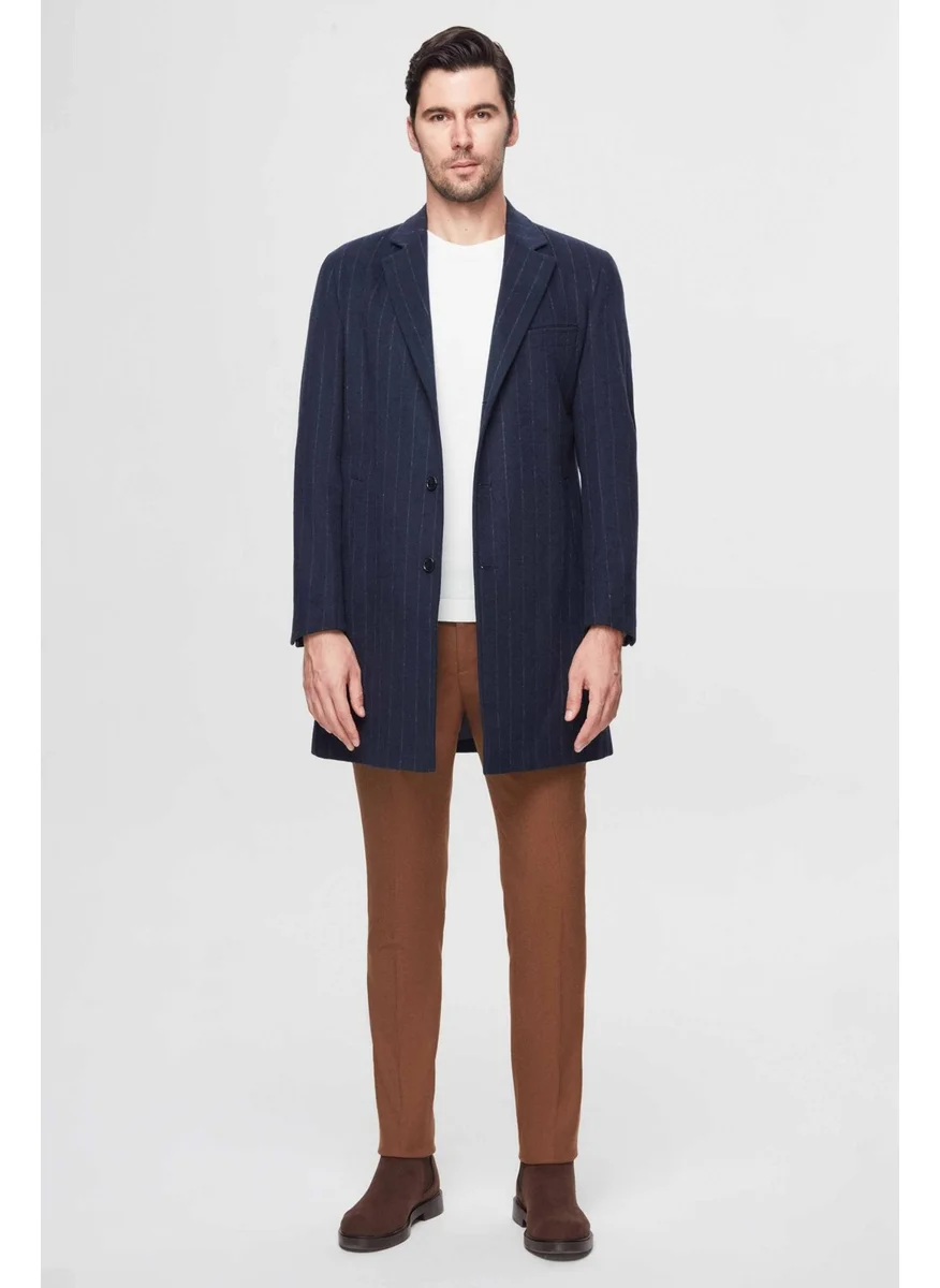 دي أس دامات Regular Fit Navy Blue Striped Wool Coat