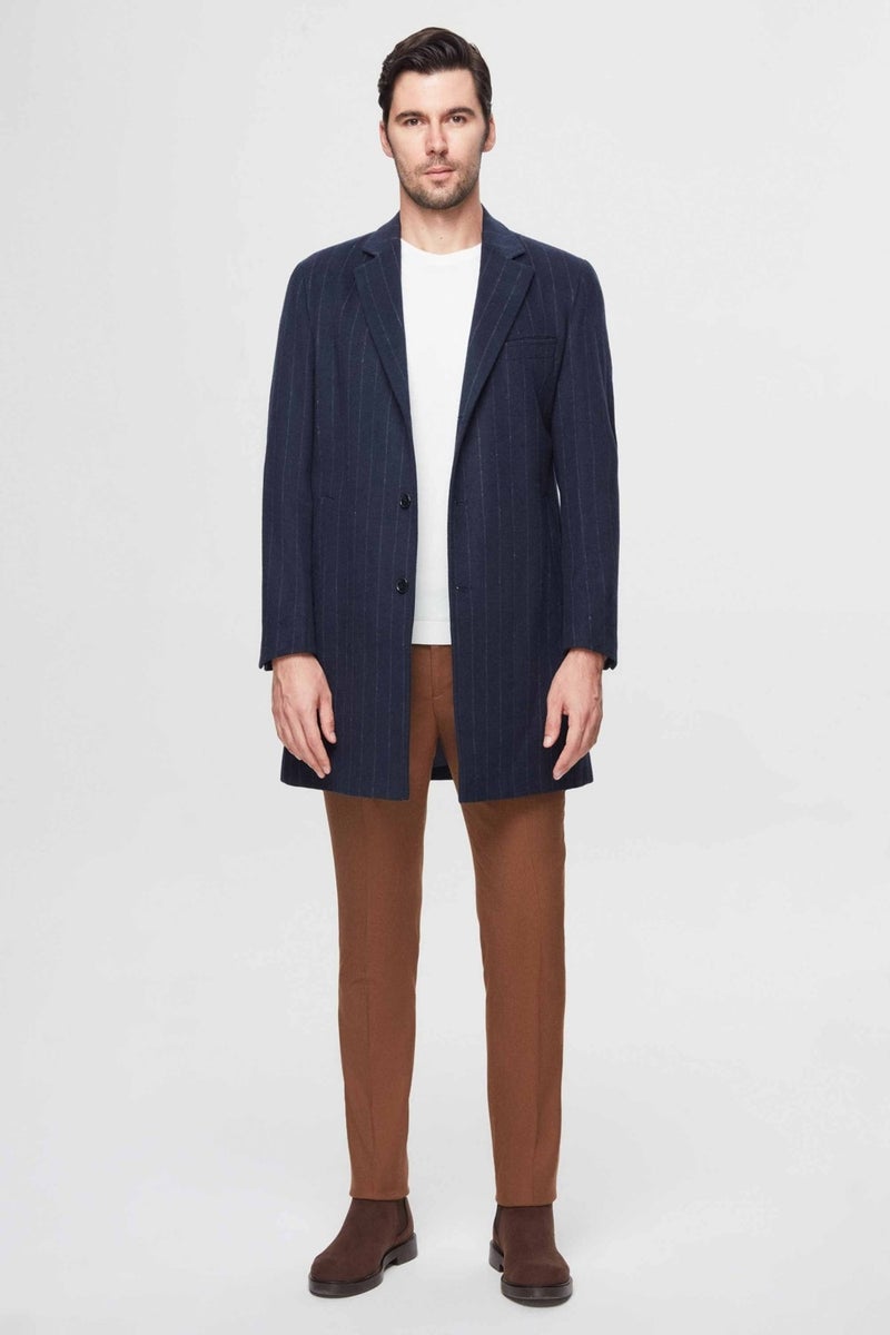 D'S DAMAT Regular Fit Navy Blue Striped Wool Coat  - Image 5
