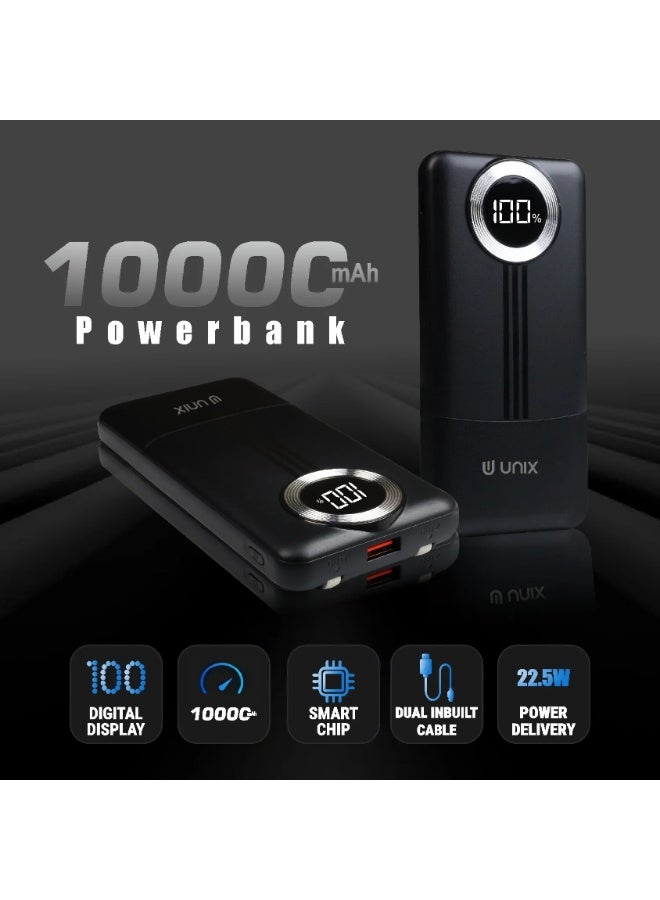 يونيكس باور بانك يونكس UX-1534 بسعة 10000mAh | شحن سريع PD 22.5W | كابلين مدمجين Type-C وLightning | شاشة LED رقمية | شاحن محمول | أسود - Image 2