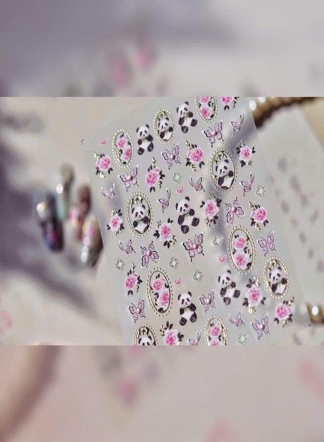 LIFOOST Cute Panda Nail Art Stickers 5D Embossed Embroidered Pink Butterfly Flowers Nail Design Crystal Diamond Nail Decals for Nail Art Self Adhesive Nail Supplies for Women DIY Manicure - Image 5