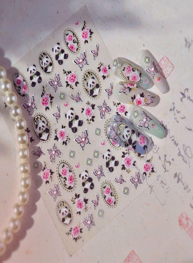LIFOOST Cute Panda Nail Art Stickers 5D Embossed Embroidered Pink Butterfly Flowers Nail Design Crystal Diamond Nail Decals for Nail Art Self Adhesive Nail Supplies for Women DIY Manicure - Image 2