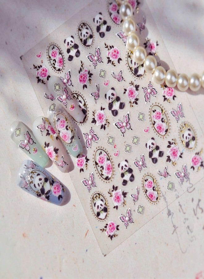 LIFOOST Cute Panda Nail Art Stickers 5D Embossed Embroidered Pink Butterfly Flowers Nail Design Crystal Diamond Nail Decals for Nail Art Self Adhesive Nail Supplies for Women DIY Manicure - Image 4
