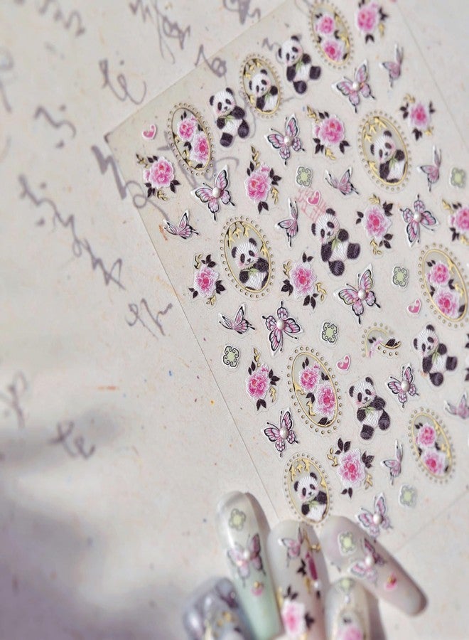 LIFOOST Cute Panda Nail Art Stickers 5D Embossed Embroidered Pink Butterfly Flowers Nail Design Crystal Diamond Nail Decals for Nail Art Self Adhesive Nail Supplies for Women DIY Manicure - Image 3