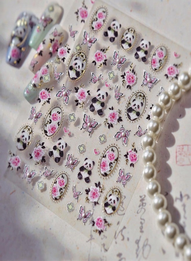 LIFOOST Cute Panda Nail Art Stickers 5D Embossed Embroidered Pink Butterfly Flowers Nail Design Crystal Diamond Nail Decals for Nail Art Self Adhesive Nail Supplies for Women DIY Manicure - Image 1