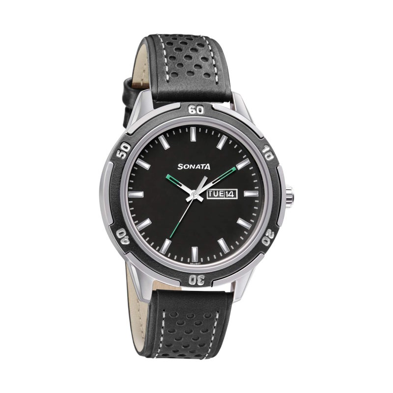 Sonata Watch for Men, Quartz Movement, Analog Display, Black Leather Band Strap-NP7138KL03