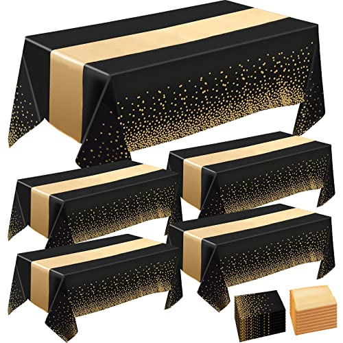Zebbtne 4 Set Tablecloths and Satin Table Runner4 Black and Gold Dot Tablecloth 54 x 108 Inch4 Gold Satin Table Runners 11 x 108 InchDisposable Plastic Table Cloths for Parties Wedding Birthday Anniversary - Image 1