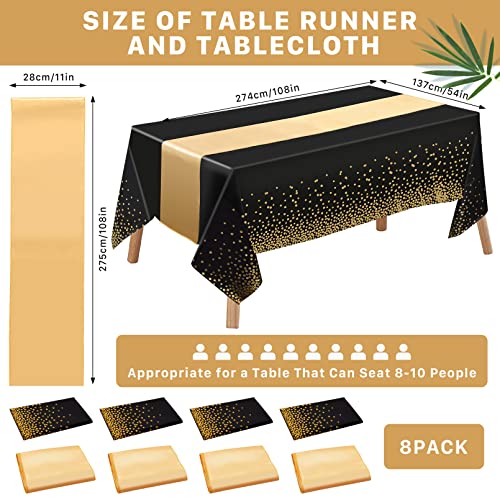 Zebbtne 4 Set Tablecloths and Satin Table Runner4 Black and Gold Dot Tablecloth 54 x 108 Inch4 Gold Satin Table Runners 11 x 108 InchDisposable Plastic Table Cloths for Parties Wedding Birthday Anniversary - Image 3