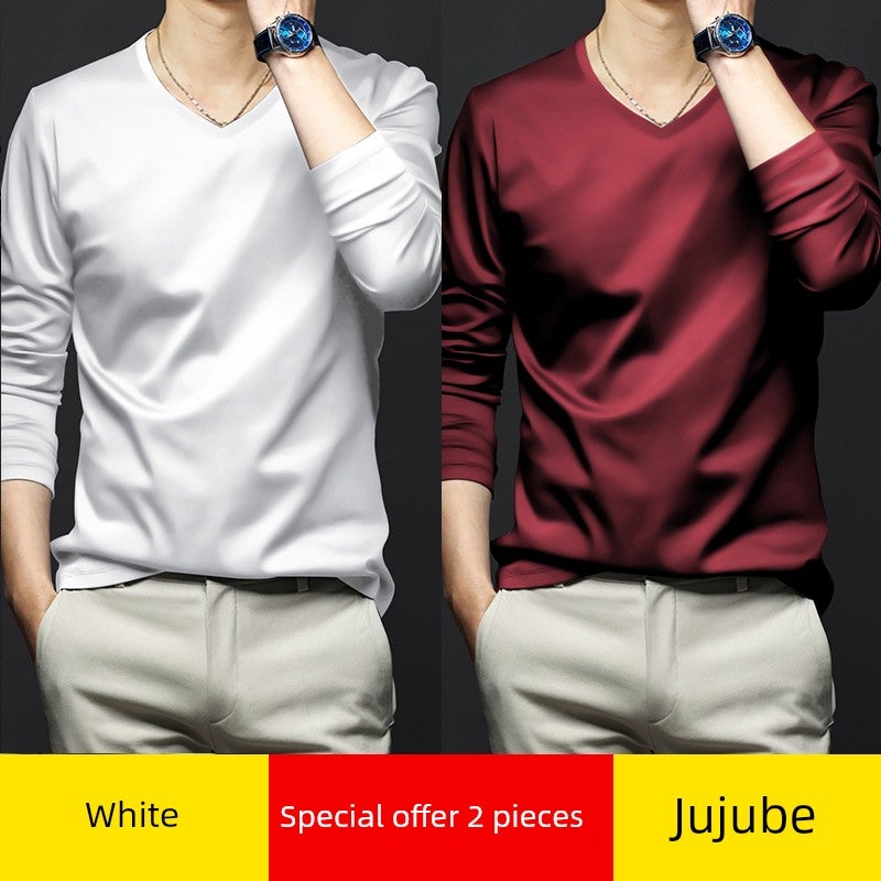 High-end modal long-sleeved t-shirt men's V-neck solid white inner wear New  base shirt autumn clothes small shirt thin style - Image 3