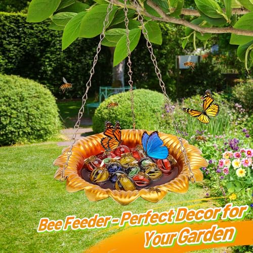 Acostop Bee Feeder with Vivid Sunflower Design - Anti-Rust Iron Bee Watering Station for Feeding, Colorful Butterfly Bath Bowl Cup with 15 Glass Marbles for Outdoor Yard Garden Decor Gifts (Gold) - Image 3