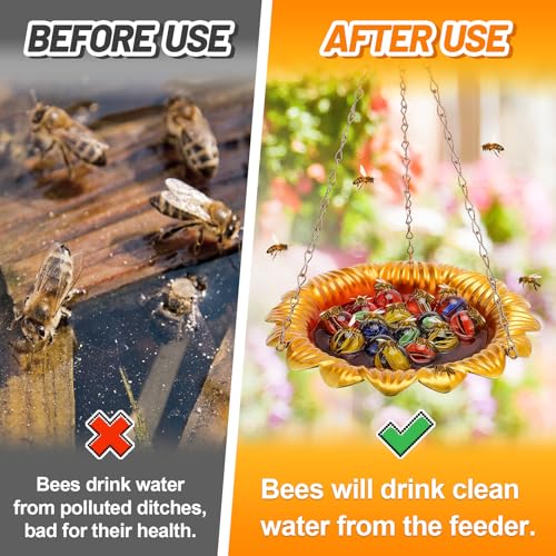 Acostop Bee Feeder with Vivid Sunflower Design - Anti-Rust Iron Bee Watering Station for Feeding, Colorful Butterfly Bath Bowl Cup with 15 Glass Marbles for Outdoor Yard Garden Decor Gifts (Gold) - Image 2