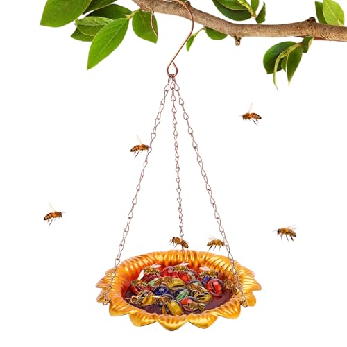 Acostop Bee Feeder with Vivid Sunflower Design - Anti-Rust Iron Bee Watering Station for Feeding, Colorful Butterfly Bath Bowl Cup with 15 Glass Marbles for Outdoor Yard Garden Decor Gifts (Gold) - Image 1