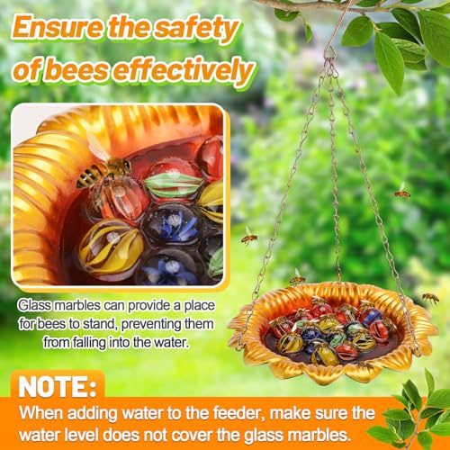 Acostop Bee Feeder with Vivid Sunflower Design - Anti-Rust Iron Bee Watering Station for Feeding, Colorful Butterfly Bath Bowl Cup with 15 Glass Marbles for Outdoor Yard Garden Decor Gifts (Gold) - Image 4