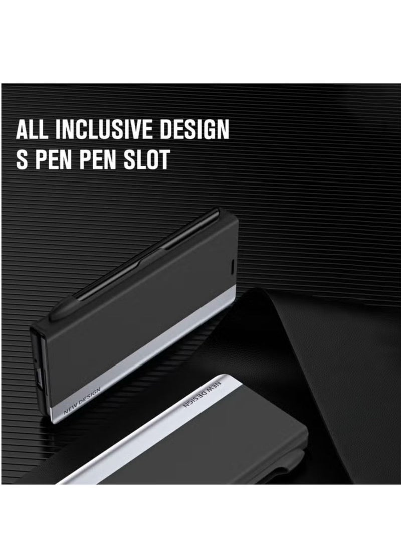جراب لهاتف Samsung Galaxy Z Fold 6 بتصميم حامل وحامل قلم وقلم (ليس قلمًا أصليًا)، جراب قلاب لحماية الجسم بالكامل من جلد البولي يوريثان، جراب واقٍ مغناطيسي من الجلد الأصلي مضاد للسقوط (أسود) - Image 4