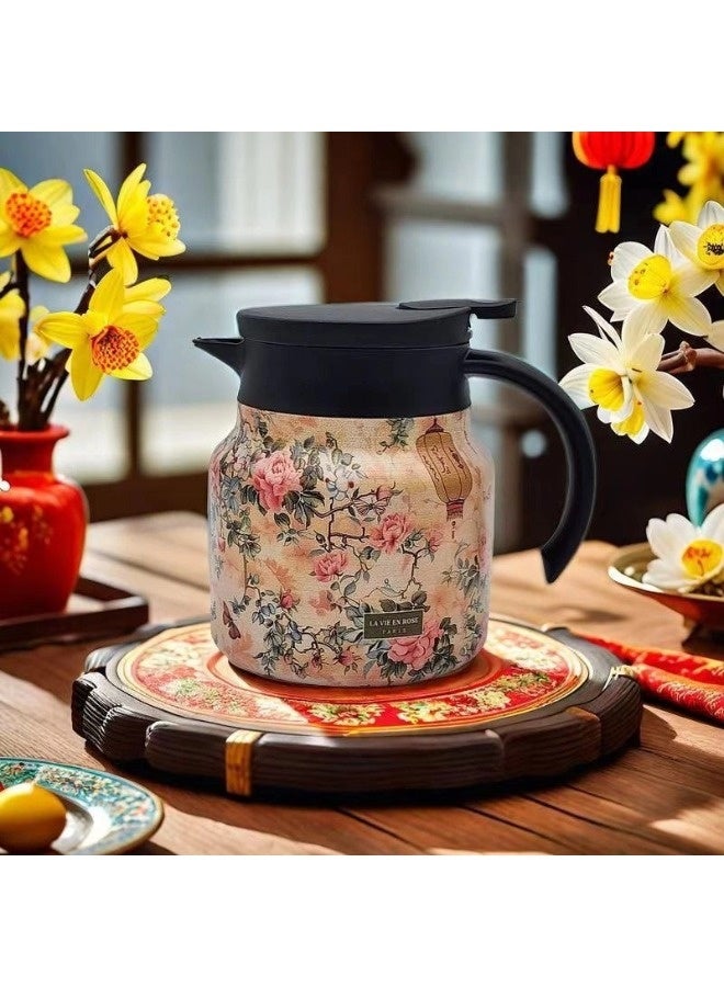 ShebSheb Vintage Floral Pattern Teapot, Stainless Steel Thermal Carafe with Lid, Built-In Infuser, Insulated Heat Retention Flask with Handle for Hot Drinks - Image 4