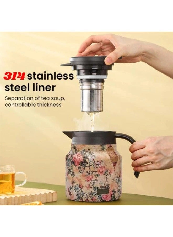 ShebSheb Vintage Floral Pattern Teapot, Stainless Steel Thermal Carafe with Lid, Built-In Infuser, Insulated Heat Retention Flask with Handle for Hot Drinks - Image 2