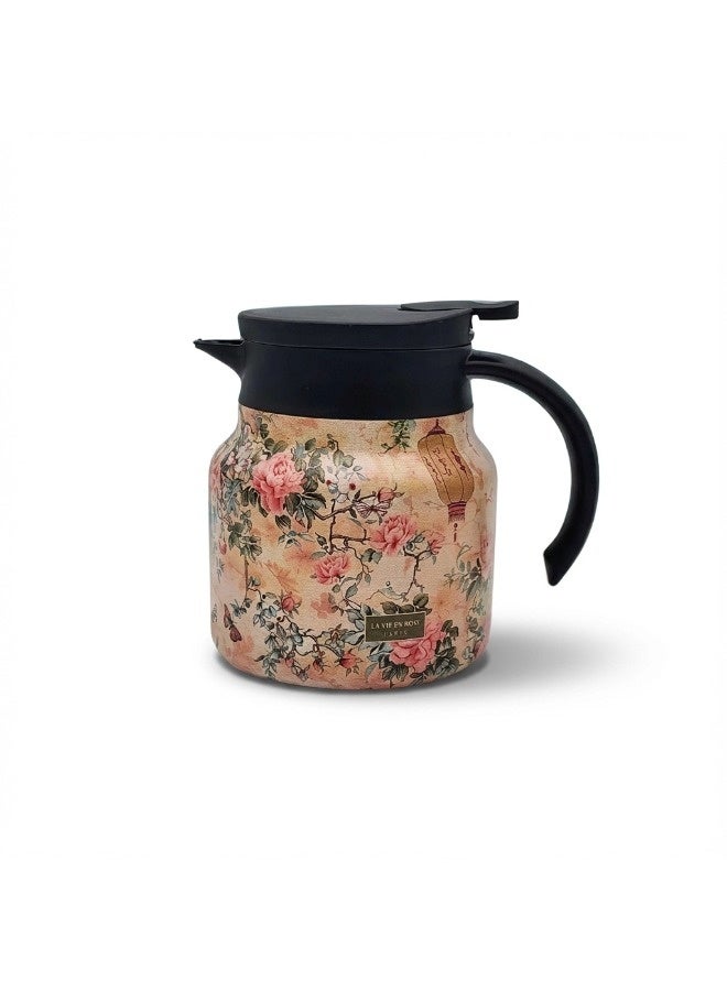 ShebSheb Vintage Floral Pattern Teapot, Stainless Steel Thermal Carafe with Lid, Built-In Infuser, Insulated Heat Retention Flask with Handle for Hot Drinks - Image 1