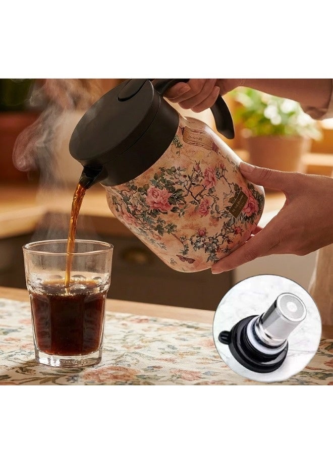 ShebSheb Vintage Floral Pattern Teapot, Stainless Steel Thermal Carafe with Lid, Built-In Infuser, Insulated Heat Retention Flask with Handle for Hot Drinks - Image 3