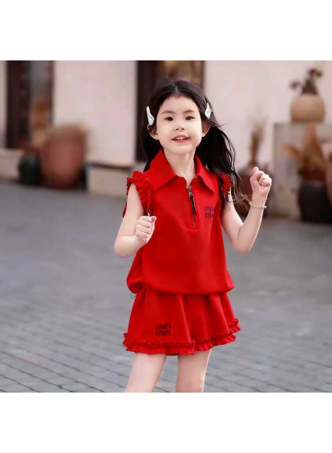 Girls' Korean Style Sports Suit For Older Children, Summer New Style, Stylish Lapel Sleeveless Casual Shorts Two-piece Set
