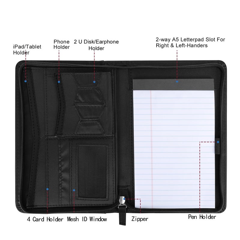 Konper Junior Padfolio Portfolio with 5 x 8 Writing Pad, A5 Business Portfolio Binder Folder Organizer Multi-Function Combination Case for Women/Men, Black - Image 4